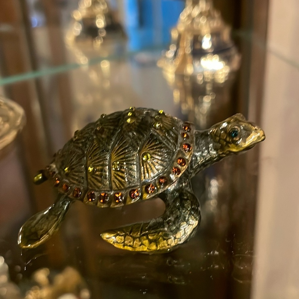 SOLD Turtle Figurine - Green and Gold Enamel and Austrian Crystal Trinket Box